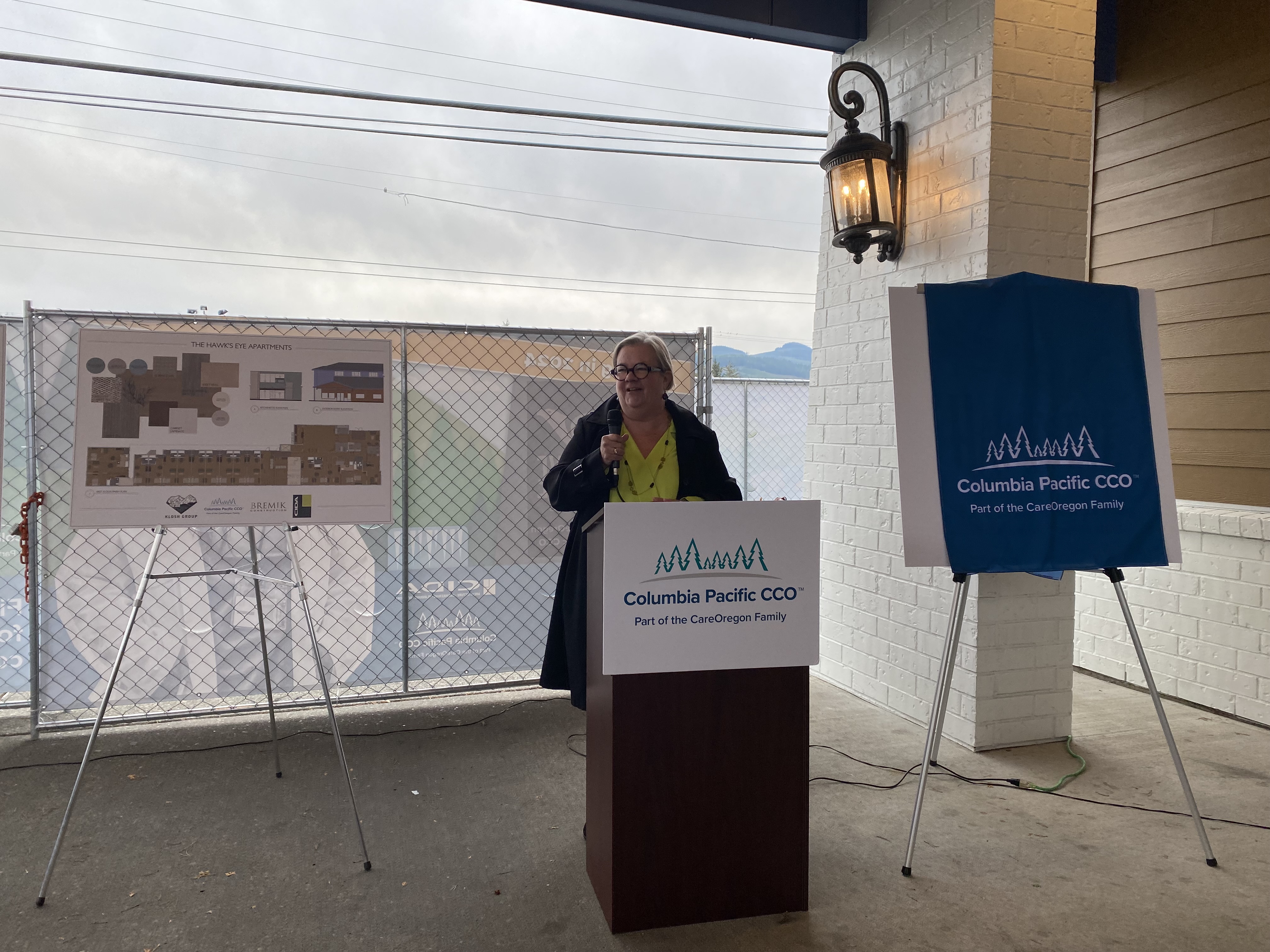 Leslie Ford, Columbia Pacific CCO housing advisor, speaking at The Hawks Eye Groundbreaking