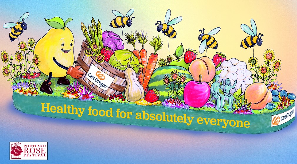 由各种水果蔬菜组成的游行花车，上面写着“Healthy food for absolutely everyone”（为每个人提供新鲜食物）