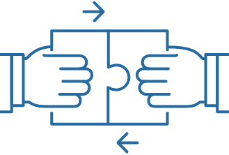 A line drawing of two puzzle pieces being joined together by two hands.