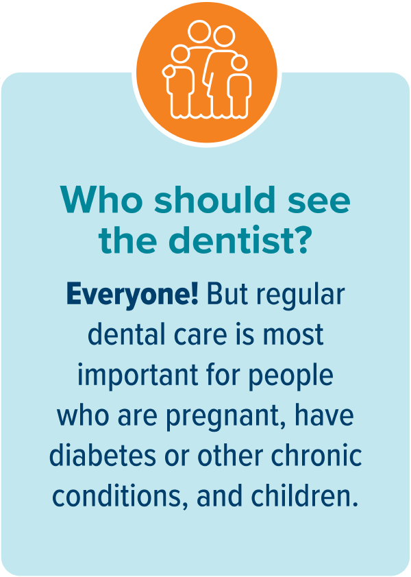 Who should see a dentist? Everyone! But regular dental care is most important for people who are pregnant, have diabetes or other chronic conditions, and children.