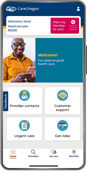 Image of a smartphone displaying the My Care Oregon mobile app home screen