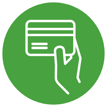 Icon featuring a green circle with a white outline of a hand holding a transit pass card