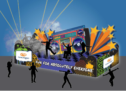 Graphic image of a parade float design that reads 