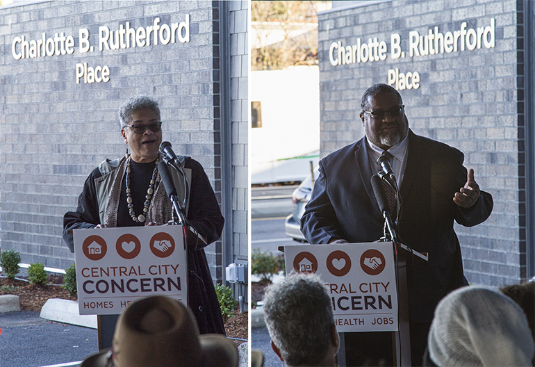 The Hon. Charlotte B. Rutherford (left) and CareOregon CEO Eric C. Hunter speak at the grand opening of the apratment building named for her.